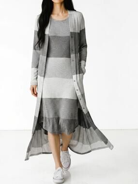 THREE 3 DOTS Soft Dress and Cardigan layered set outfit gray print Medium M